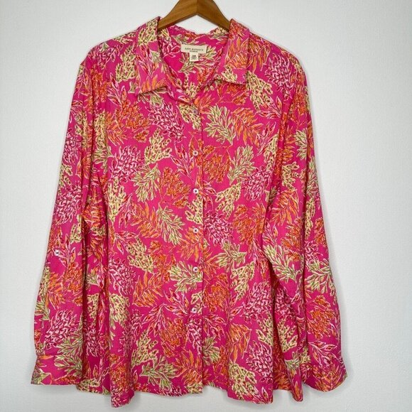 Appleseeds Button up Shirt Size 3X Pink Floral Roll tab sleeve Cotton - Picture 1 of 11